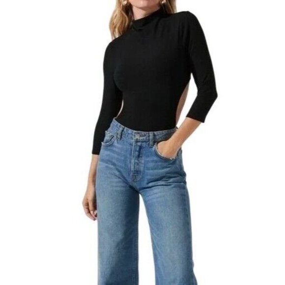 ASTR THE LABEL Black Ribbed Knit Somerset Mock Neck Cutout Bodysuit Small - 0016 - Picture 8 of 10